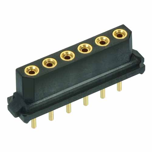 B5741-106-F-T-2 - 6 Pos. Female SIL Vertical Throughboard Conn. for Latches (BS Release)