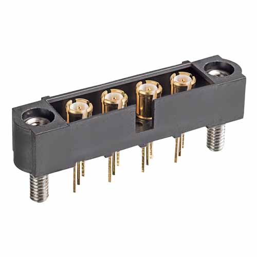 M80-MV312M3-04 - 4 Pos. Male SIL Coax Vertical Throughboard Conn. Jackscrews